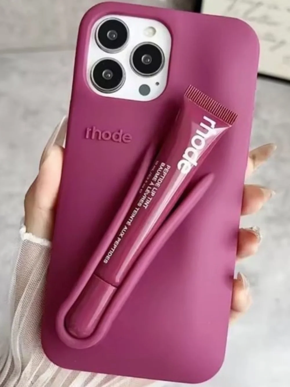 Rhode lip case iPhone 11 Pro Max phone case in Raspberry with lip gloss included